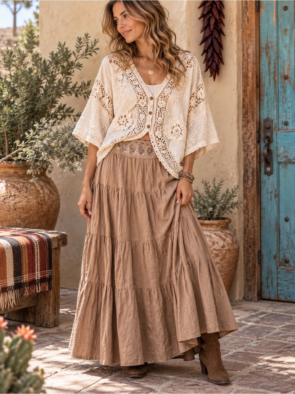 Vintage Linen Cotton Tiered Maxi Skirt Tan Embellished Boho Size 14